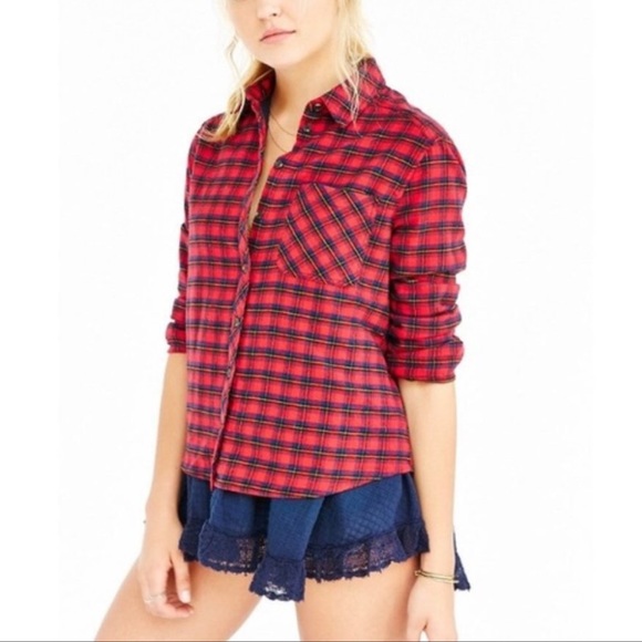 BDG Louie Flannel Plaid Lace Layered Red & Blue shacket XS - Picture 3 of 11